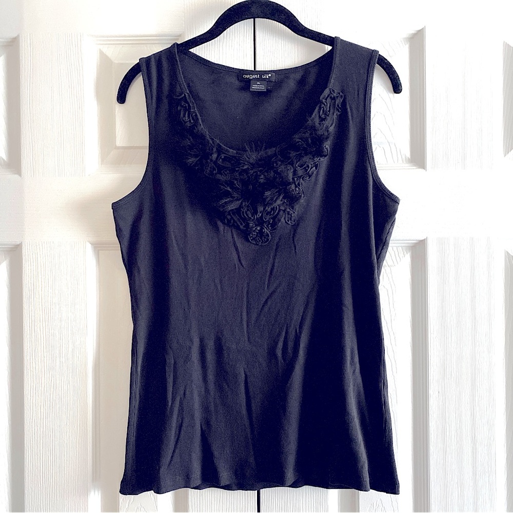 AUGUST SILK RIB KNIT COTTON TEXTURED SCOOP NECK SLEEVELESS TANK TOP Black XL